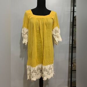 Umgee Mustard Yellow Crochet Bell-Sleeved Tunic Dress